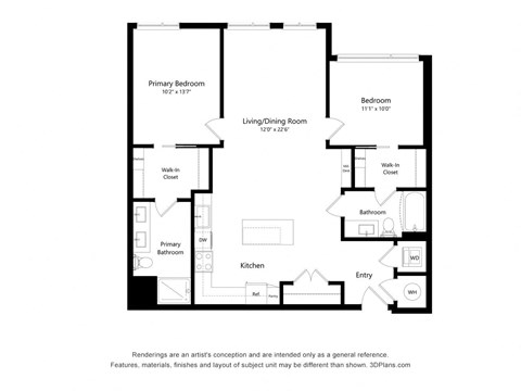 Floor plan for 2 beds, 2 baths, 1123 sqft